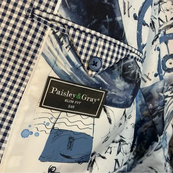 Paisley & Gray Men’s Blazer 54R Slim Fit Checkered Blue White Lightweight Church - Picture 5 of 8